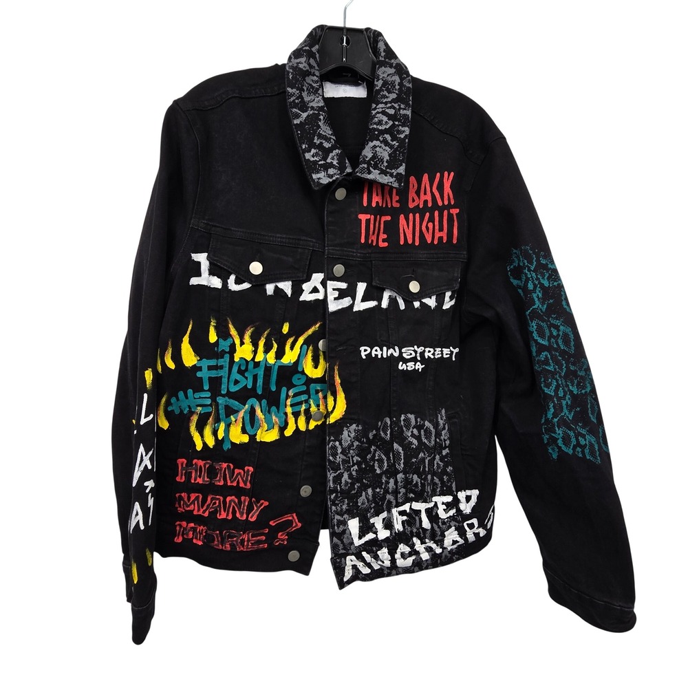 Lifted Anchors Denim Jacket Womens XL Black Graphic Punk Streetwear Trucker Coat